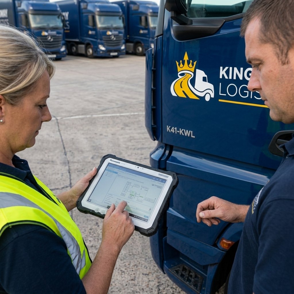 lose-up of a Kingsway driver and safety coordinator using a digital telematics tablet