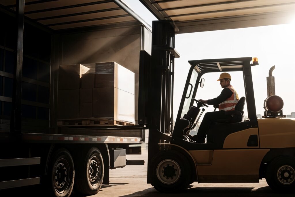 forklift operator loading boxes onto semi truck1